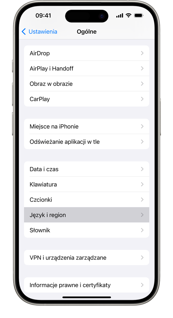 iPhone wyświetlający menu ustawień Ogólne z zaznaczoną opcją Język i region.