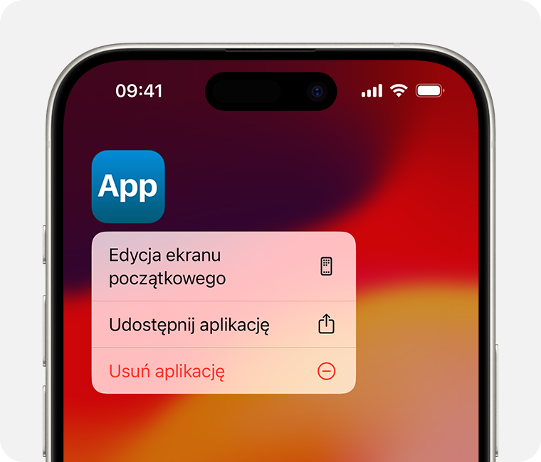 Ekran telefonu iPhone wyświetlający menu pojawiające się po stuknięciu i przytrzymaniu aplikacji, Usuń aplikację to trzecia opcja widoczna w menu