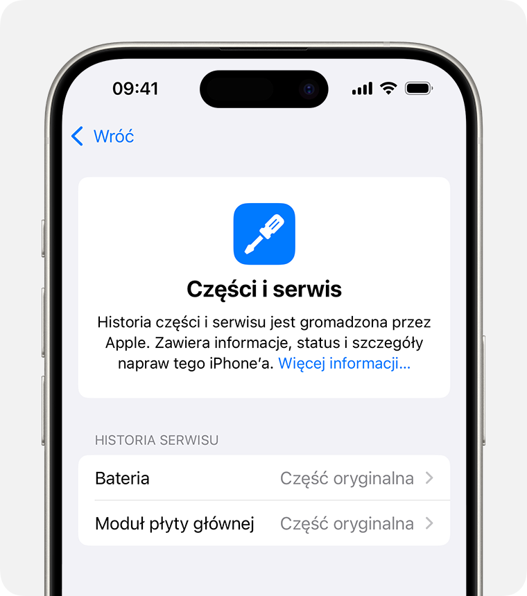 Ekran Historia części i serwisu, na którym są wyświetlane informacje o wymianie baterii i zespołu płyty głównej.