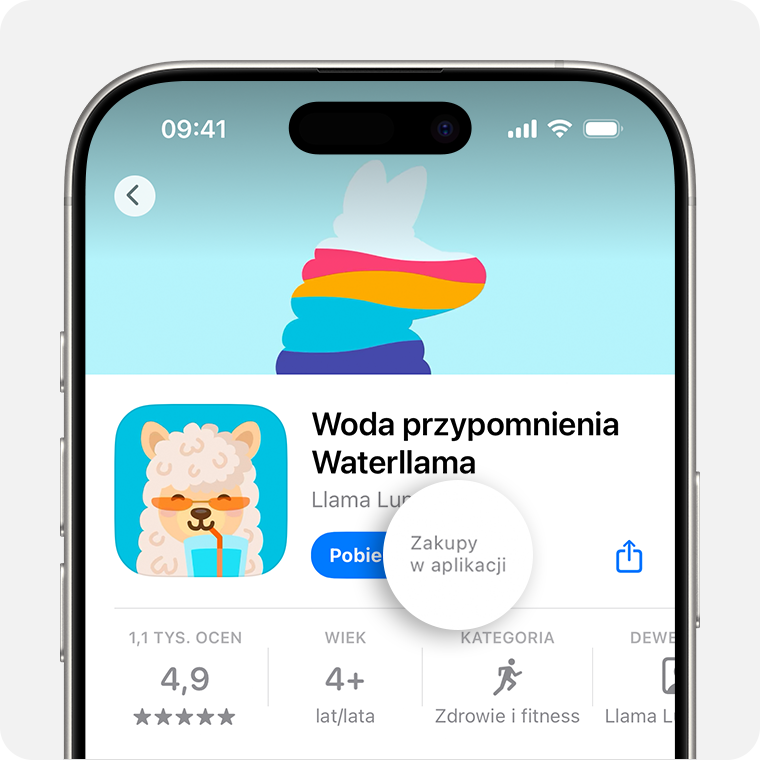 iPhone wyświetlający aplikację w sklepie App Store z napisem Zakupy w aplikacji obok przycisku Pobierz.