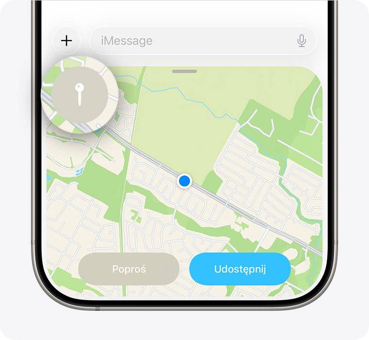 Aby udostępnić bieżące położenie w aplikacji Wiadomości jako pinezkę, stuknij przycisk pinezki w pobliżu górnej części widoku mapy w aplikacji Wiadomości.