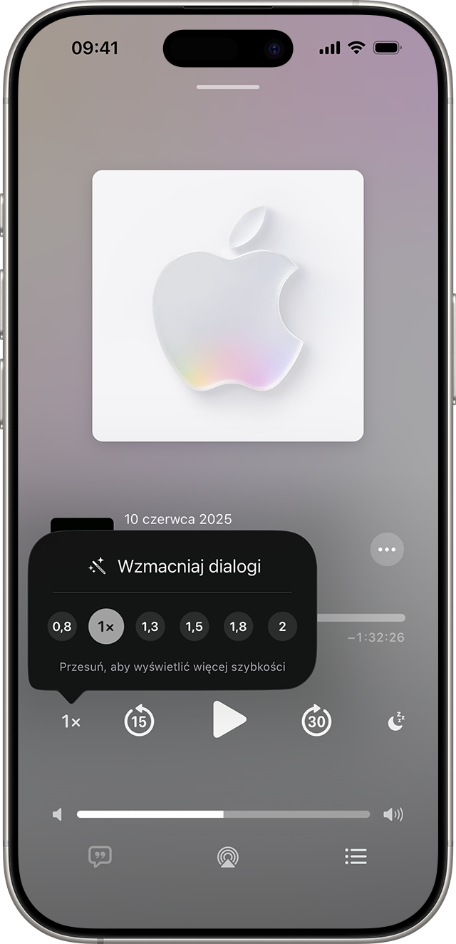 W iPhonie wyświetlany jest miniodtwarzacz podcastów. W lewym dolnym rogu odtwarzacza znajduje się przycisk Szybkość odtwarzania, który wygląda jak „1x” i otwiera menu Szybkość odtwarzania. Opcje w tym menu to 2x; 1,75x; 1,5x; 1,25x; 1x; i 0,75x. Wybrano opcję 1x.