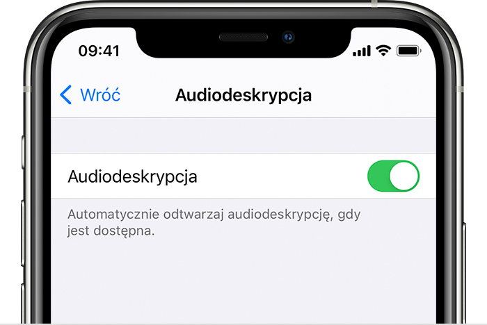 Przycisk Audiodeskrypcja w Ustawieniach na iPhonie