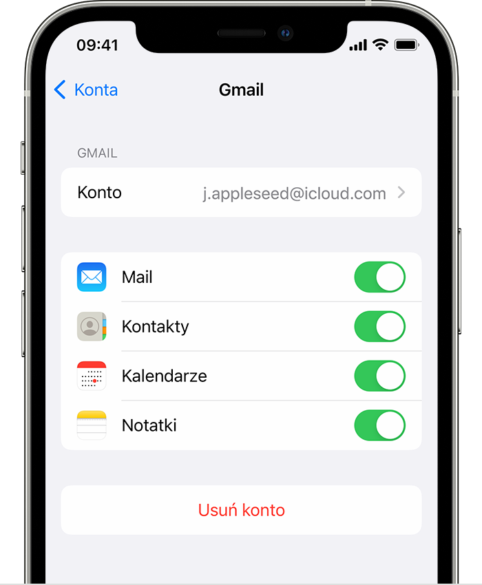 iPhone wyświetlający ustawienia połączonego konta Gmail w sekcji Ustawienia > Poczta > Konta > Gmail.