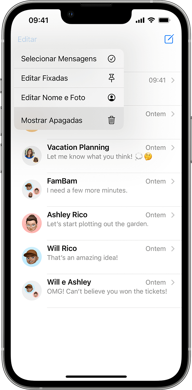 Na página de conversas no app Mensagens, toque em Editar para encontrar a opção de mostrar mensagens apagadas recentemente.
