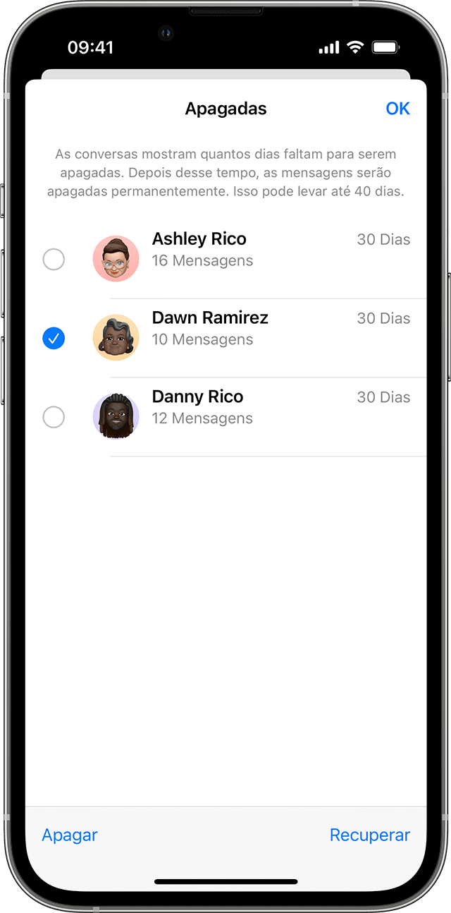 Na página Apagadas no app Mensagens, toque na conversa que inclui as mensagens que deseja recuperar.