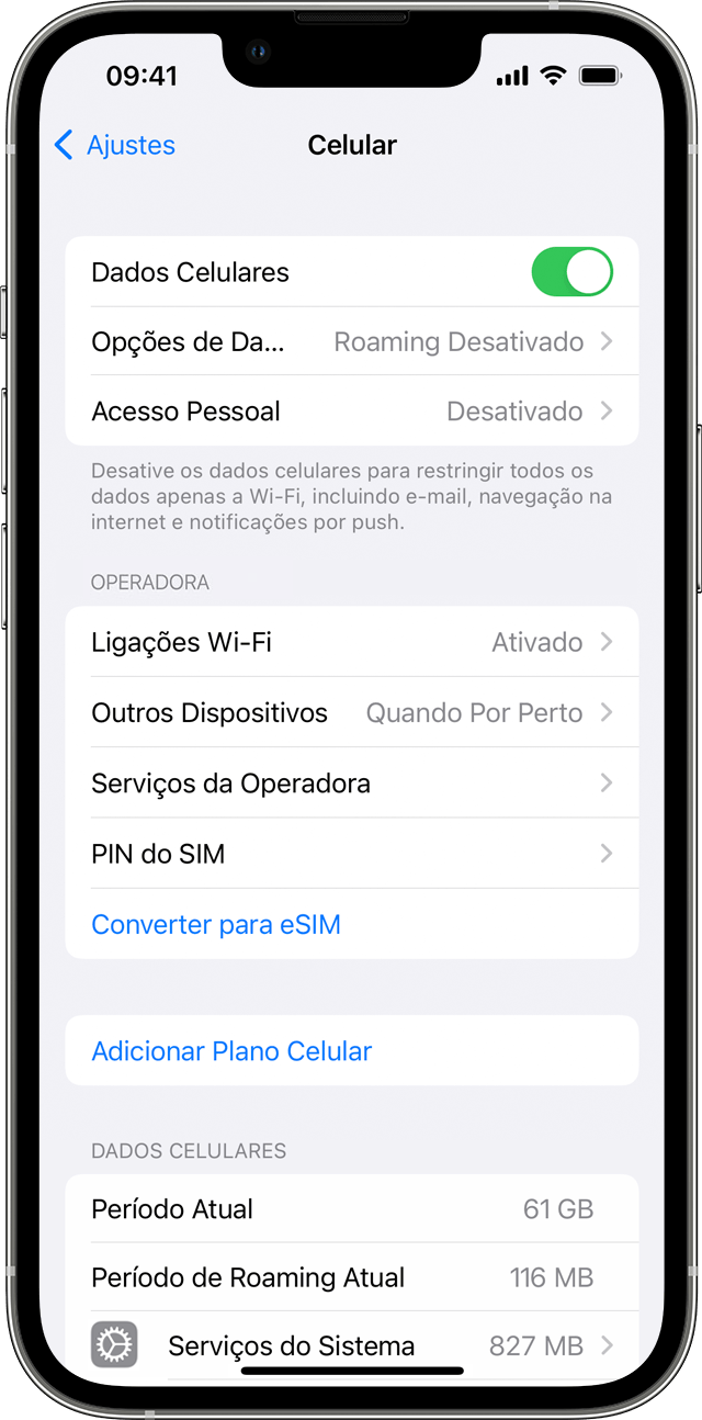 Tela do iPhone mostrando os ajustes de dados celulares