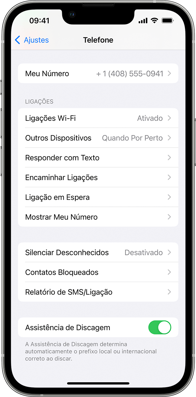 iPhone mostrando a tela Telefone, com a opção Ligações Wi-Fi ativada.