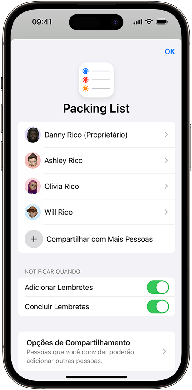 No iPhone, você pode compartilhar uma lista do app Lembretes com os contatos, mas alterar as notificações automáticas por meio das opções "Gerenciar Lista Compartilhada".