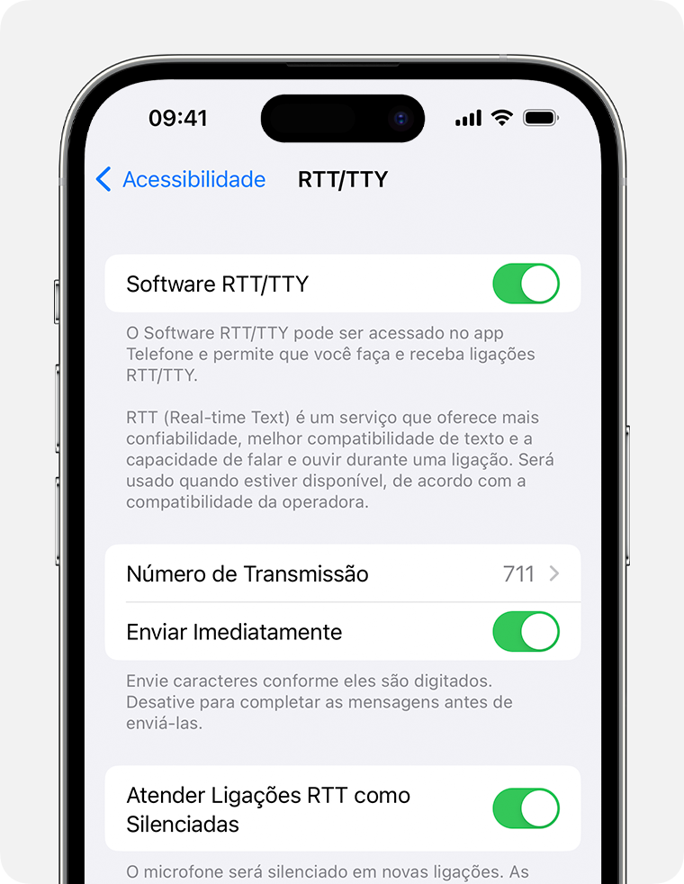 Tela do iPhone com o RTT/TTY ativado