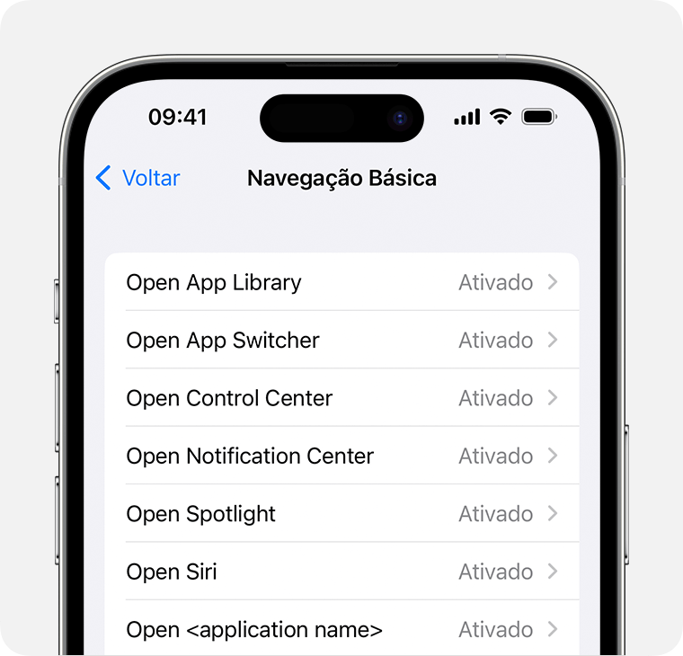 iPhone mostrando o menu para comandos de Navegação Básica.