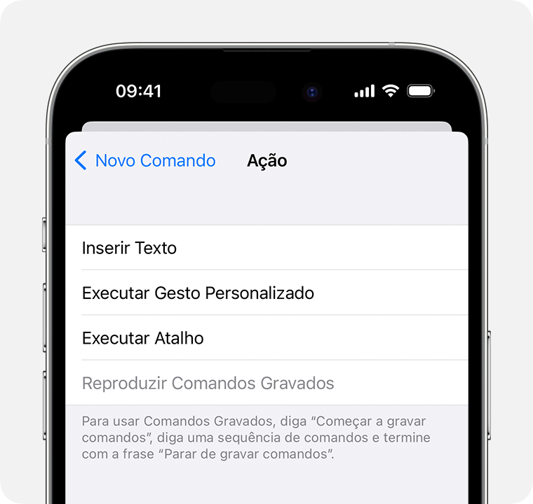 iPhone mostrando o menu Ação para um novo comando, em que você pode selecionar uma ação a ser executada quando falar o comando.