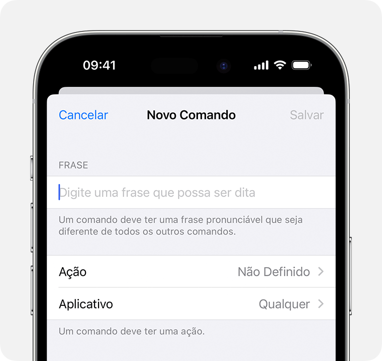 iPhone mostrando os ajustes de Novo Comando, em que uma frase personalizada pode ser inserida.