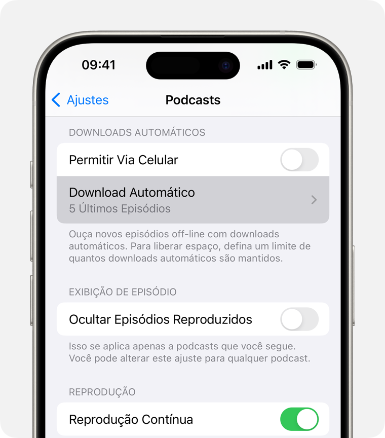 iPhone mostrando a opção Download Automático em Ajustes.