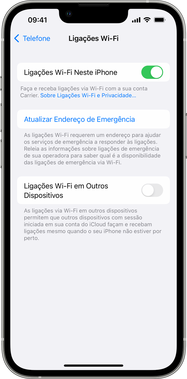 Um iPhone mostrando a tela de Ligações Wi-Fi, com Ligações Wi-Fi Neste Telefone ativadas.