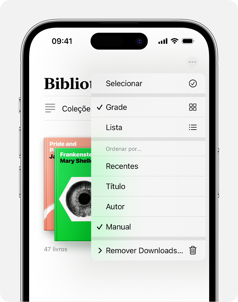 Tela do iPhone com as opções para organizar o app Livros 