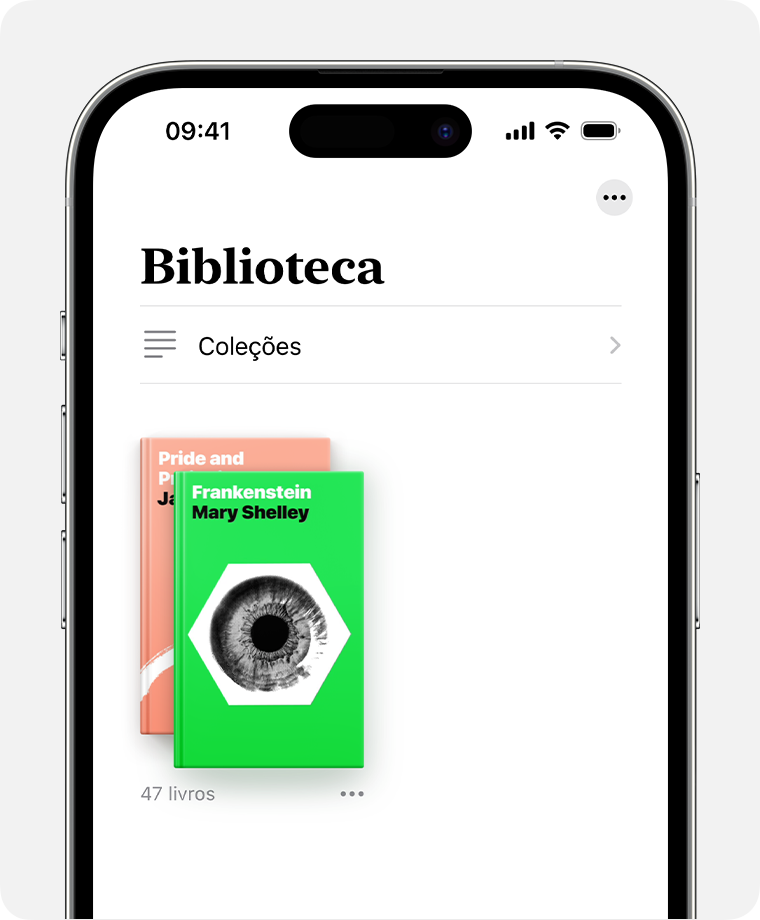 Tela do iPhone com a seção Biblioteca do app Livros. 