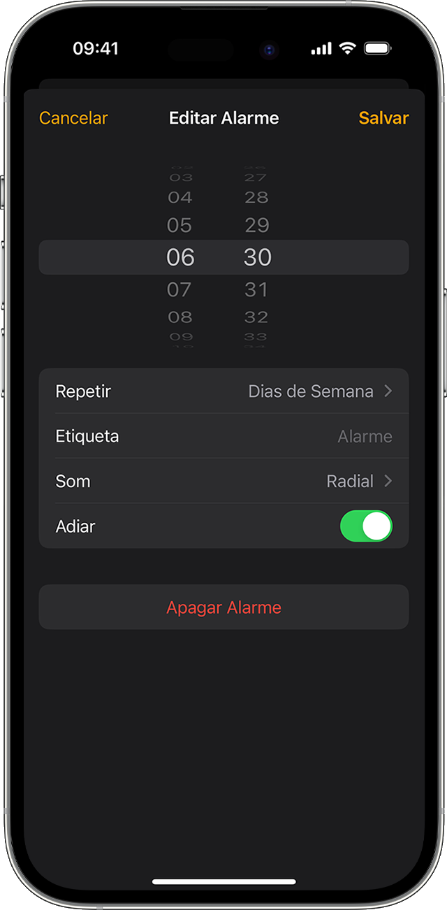 Editar um alarme no iPhone usando o app Relógio.
