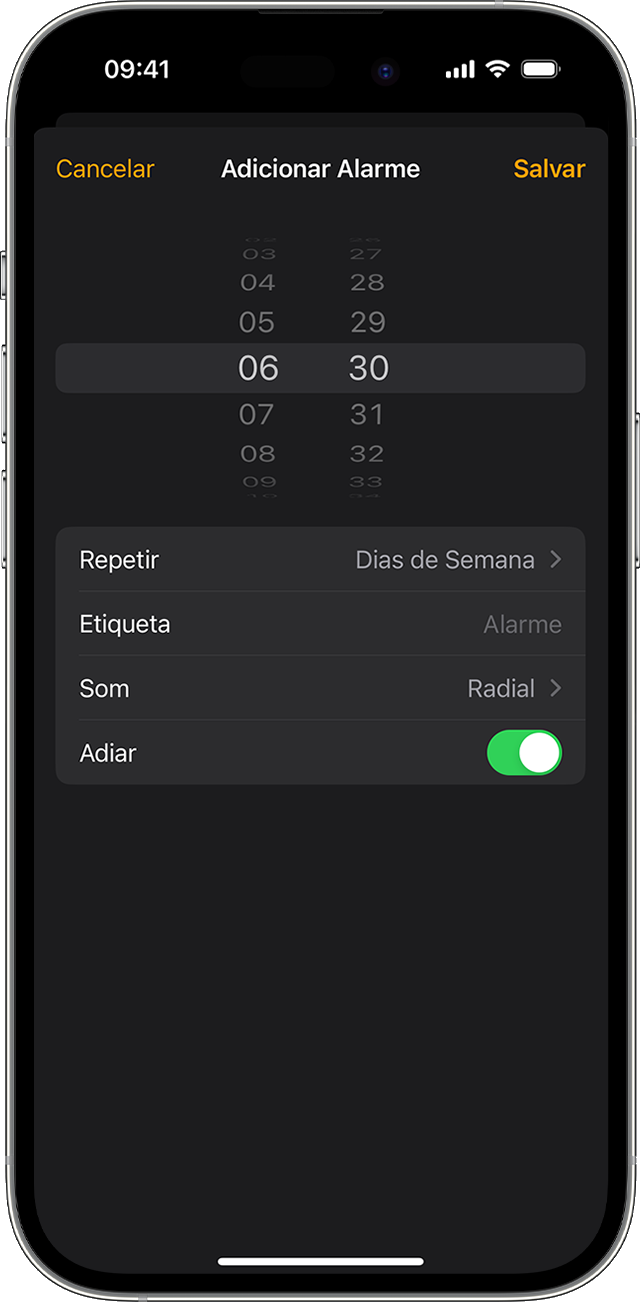 Definir um alarme no iPhone usando o app Relógio. 