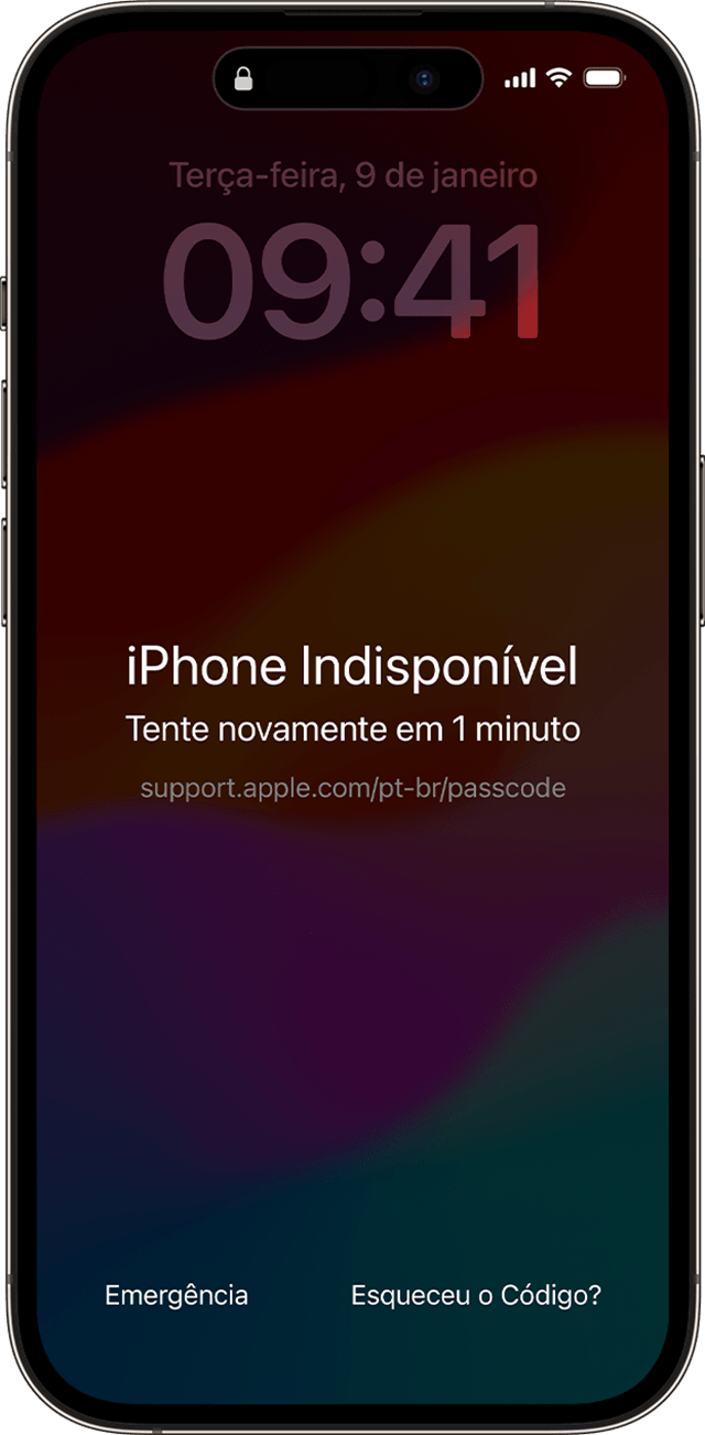 Quando o iPhone está bloqueado, é possível começar a redefinição do dispositivo tocando em "Esqueceu o Código?"