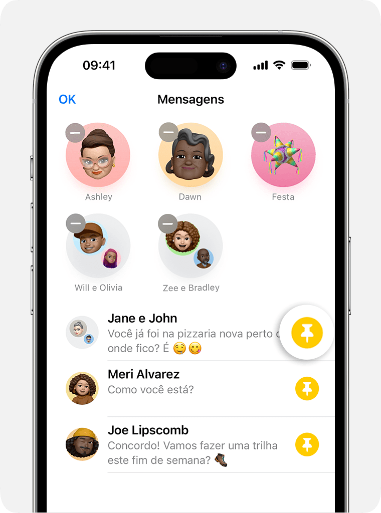 No app Mensagens, use o ícone de alfinete para escolher quais conversas manter no topo da página de conversas.