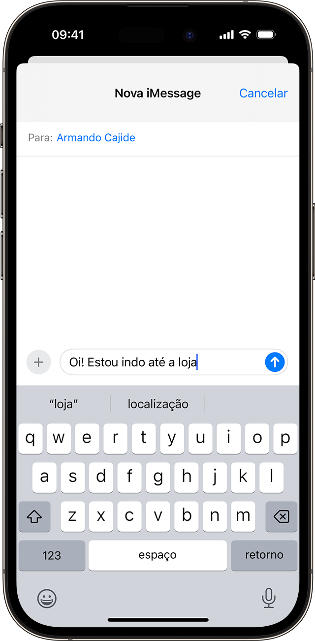 Tela do iPhone mostrando texto preditivo enquanto você digita uma palavra no app Mensagens.