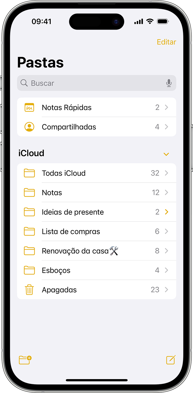 iPhone mostrando como criar uma pasta no app Notas.