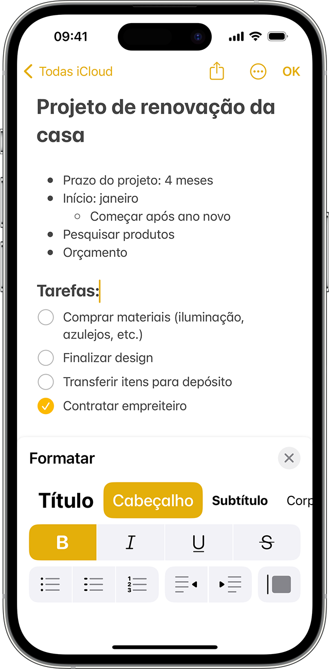 As opções de formato no app Notes no iPhone