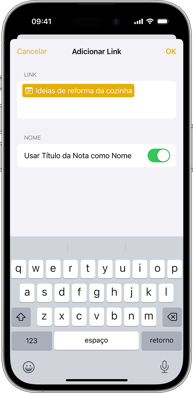 As opções para adicionar um link no app Notas no iPhone com iOS 17 ou posterior.