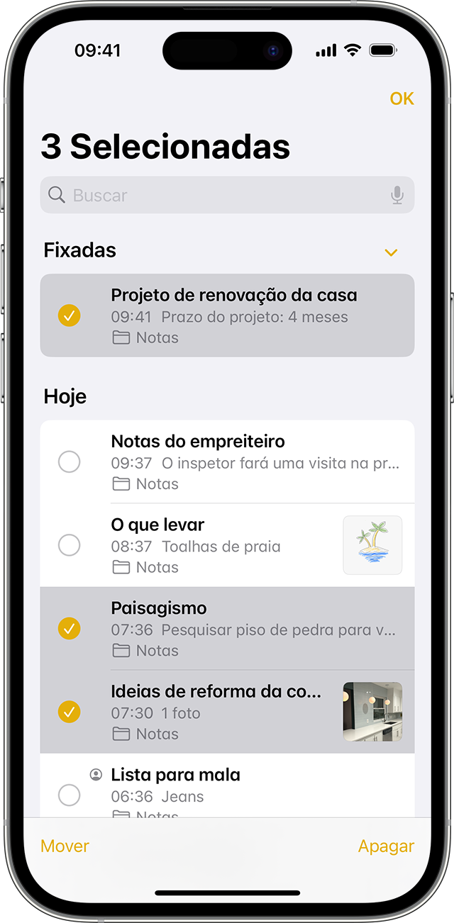 iPhone mostrando como mover uma nota para uma pasta diferente no app Notas.