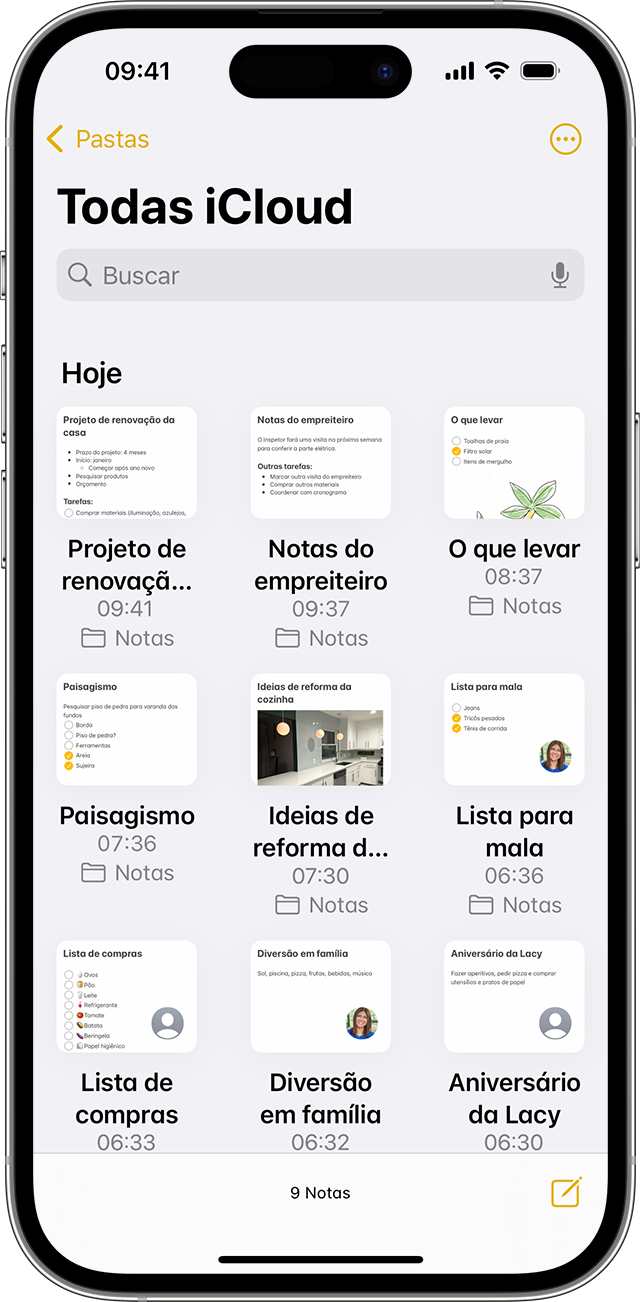 iPhone mostrando a aparência das notas na visualização Galeria.