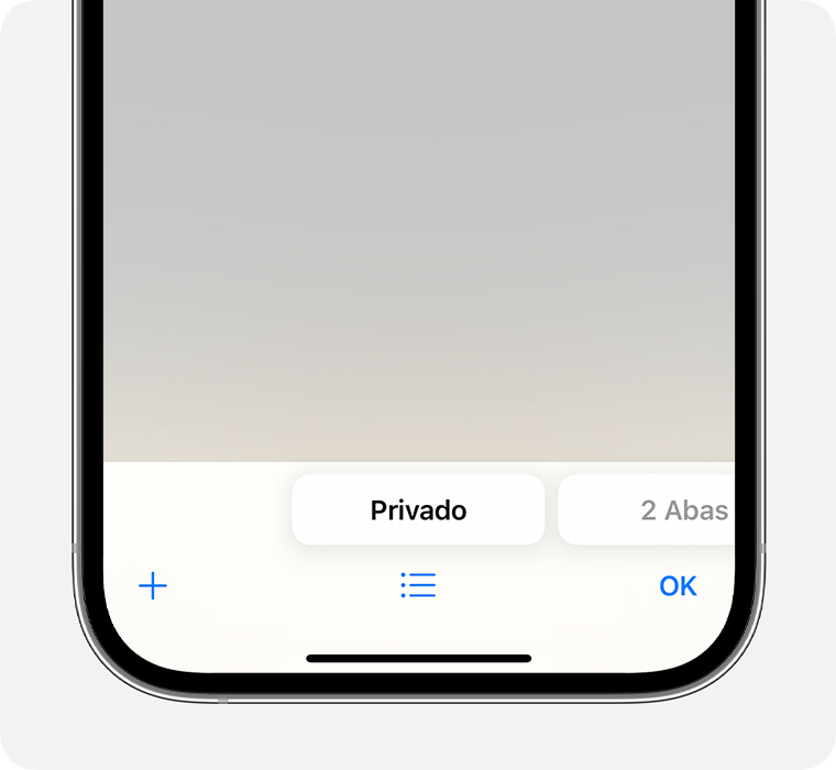 Um iPhone mostrando o app Safari com o grupo de abas privadas selecionado.