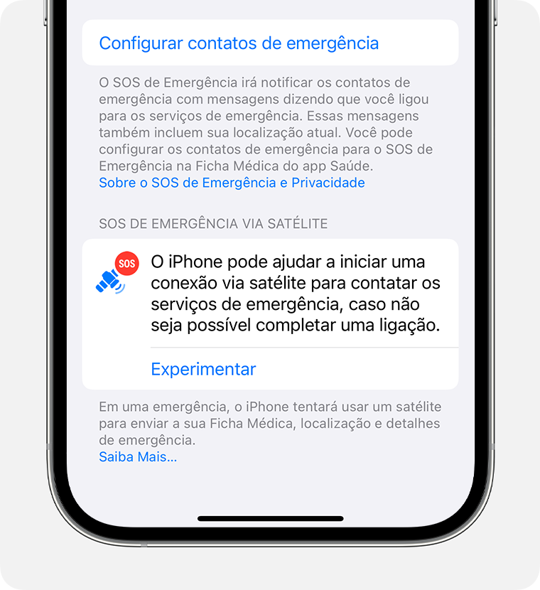 Nos Ajustes do iPhone, teste a demonstração do "SOS de Emergência via Satélite" para praticar a conexão a um satélite.