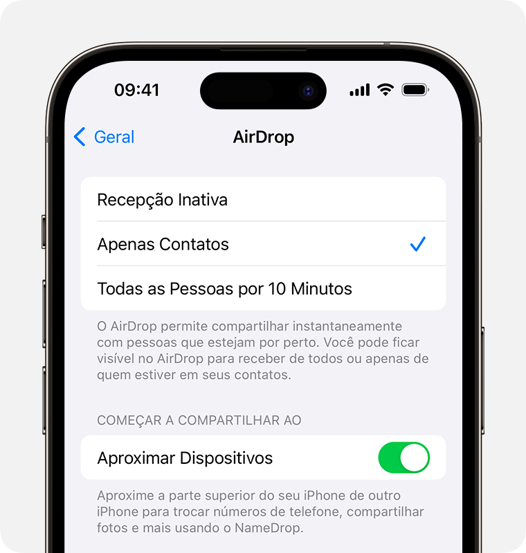 iPhone mostrando os ajustes do AirDrop com Apenas Contatos selecionado.