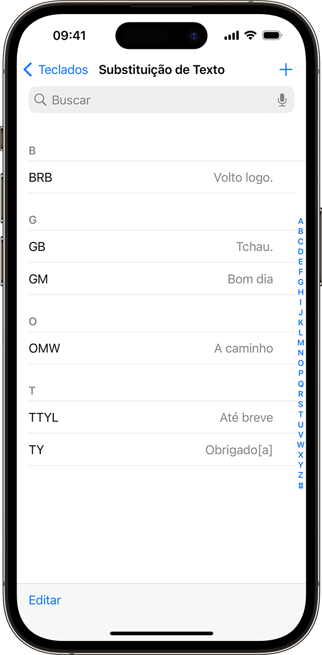 Uma lista de atalhos de texto configurados para usar no iPhone.