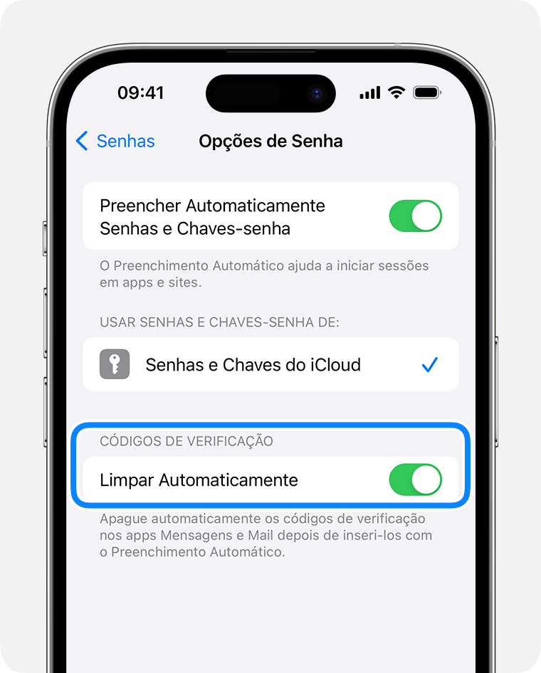 No iOS 17 e posterior, o app Mensagens pode apagar automaticamente mensagens que contenham códigos de verificação de senha após o uso do código. 