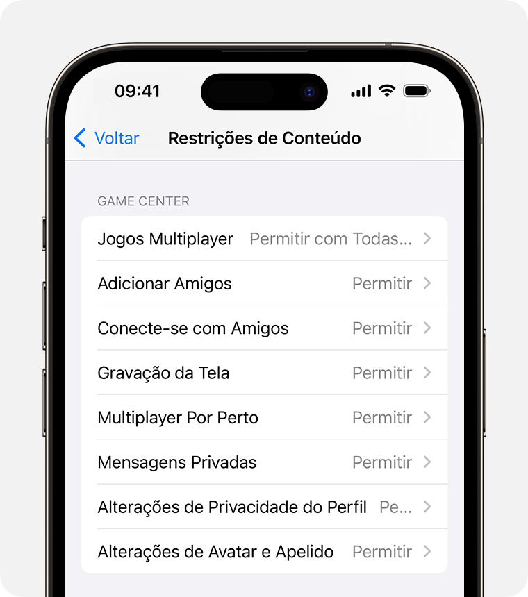 Tela do iPhone mostrando as opções de Restrições de Conteúdo para controles parentais 