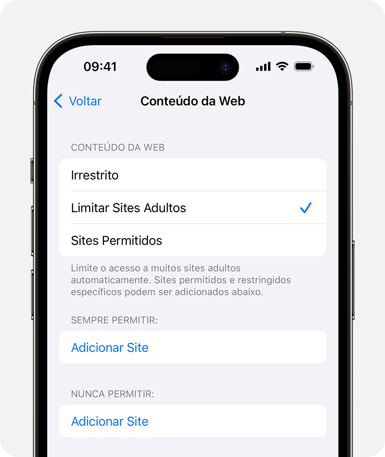 Tela do iPhone mostrando opções de Conteúdo da Web para controles parentais