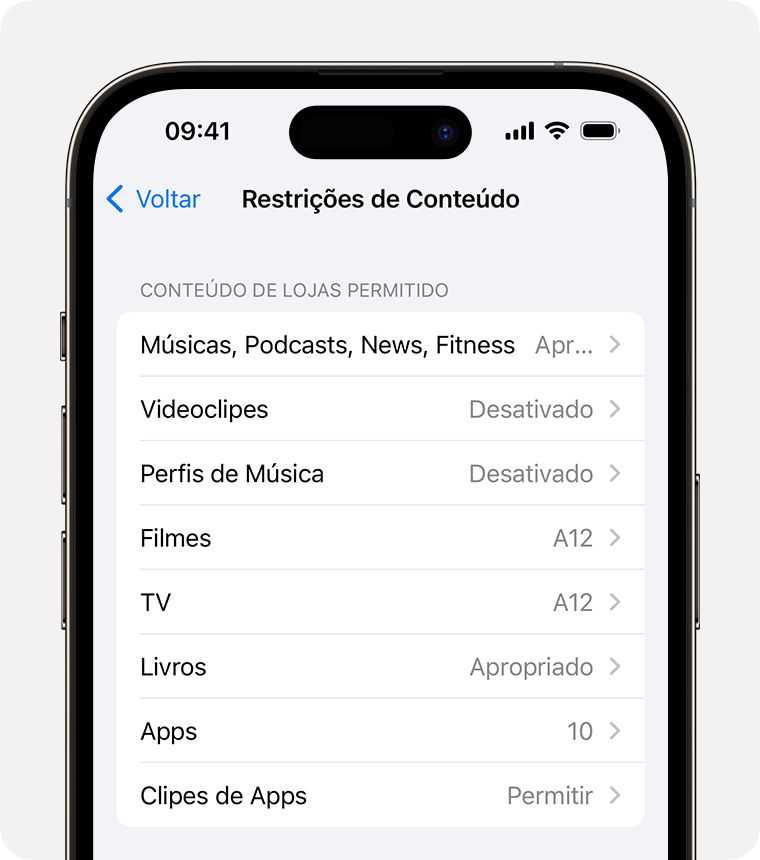 Tela do iPhone mostrando as opções de Restrições de Conteúdo 