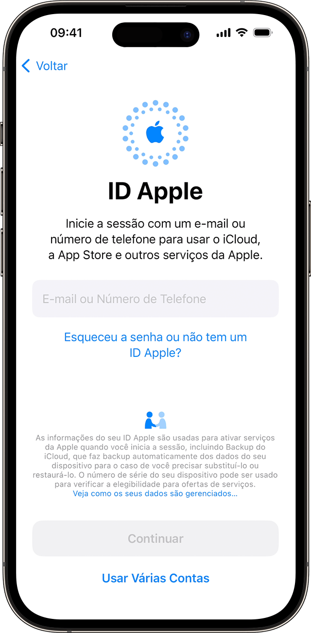 Use endereço de e-mail ou número de telefone para iniciar sessão com o ID Apple durante o processo de configuração do iPhone no iOS 17.