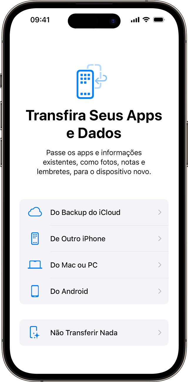 Opções em "Transfira Seus Apps e Dados" ao configurar um iPhone no iOS 17