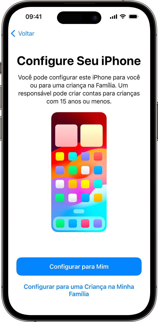 Durante o processo de configuração do iPhone no iOS 17, você pode escolher se o novo telefone é para você ou para uma criança da família.