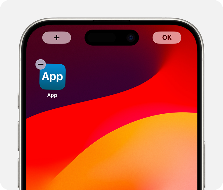 Uma tela do iPhone mostrando um app com o ícone Remover no canto superior esquerdo do app. Há também um botão Adicionar no canto superior esquerdo da tela e um botão OK no canto superior direito da tela.