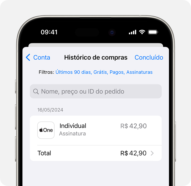 Imagem com o “Histórico de Compras” em um iPhone