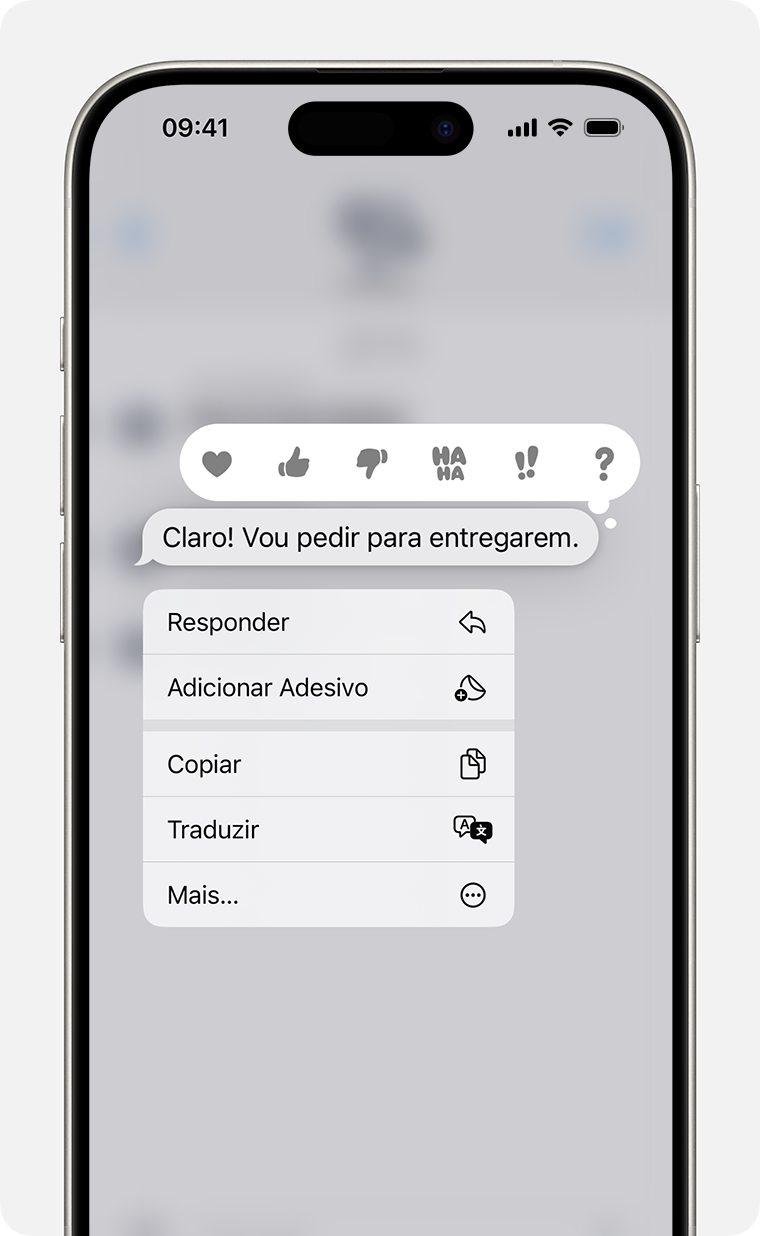 iPhone mostrando o menu de resposta direta depois que você mantém pressionado um balão de mensagem para enviar uma resposta direta