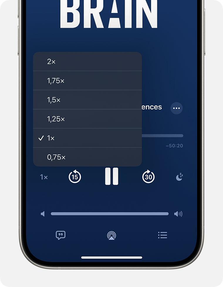 Em um iPhone, o mini player para Podcasts é mostrado. Perto do canto inferior esquerdo do player, o botão de Velocidade de Reprodução, que se parece com "1x", é selecionado e tem o menu de velocidade de reprodução aberto. As opções no menu são 2x, 1,75x, 1,5x, 1,25x, 1x e 0,75x. A opção 1x está selecionada.