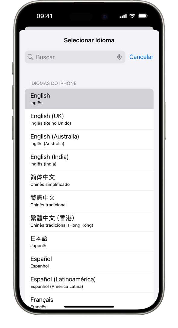 iPhone mostrando a lista de idiomas do sistema disponíveis com a opção Francês destacada.