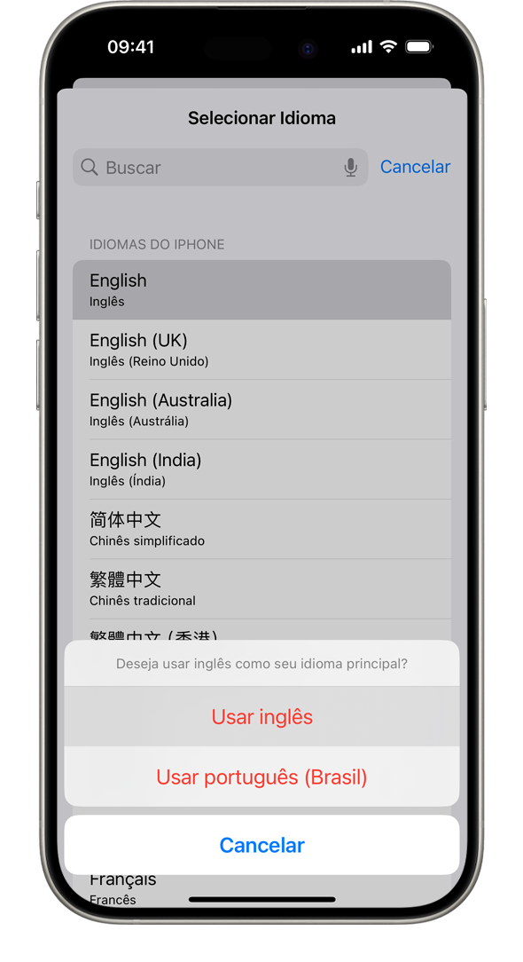 iPhone mostrando o alerta "Deseja usar francês como seu idioma principal?" As opções mostradas são "Usar Francês", "Usar Inglês (EUA)" e Cancelar.