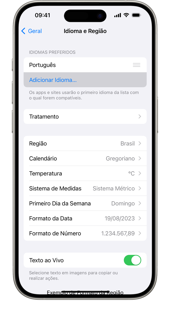 iPhone mostrando o menu "Idioma e Região" com a opção Adicionar Idioma destacado.