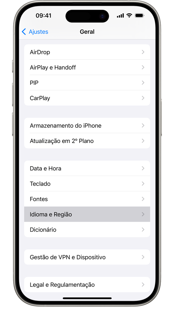 iPhone mostrando o menu de ajustes Geral com a opção "Idioma e Região" destacada.